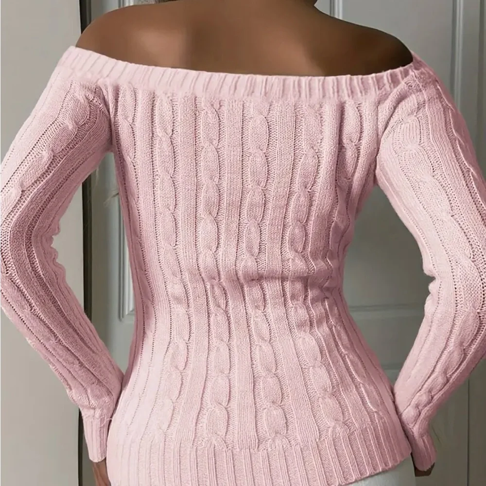NWT • Women’s Sexy L/S Pale Pink Off-The-Shoulder Cable Knit Sweater - Picture 3 of 5